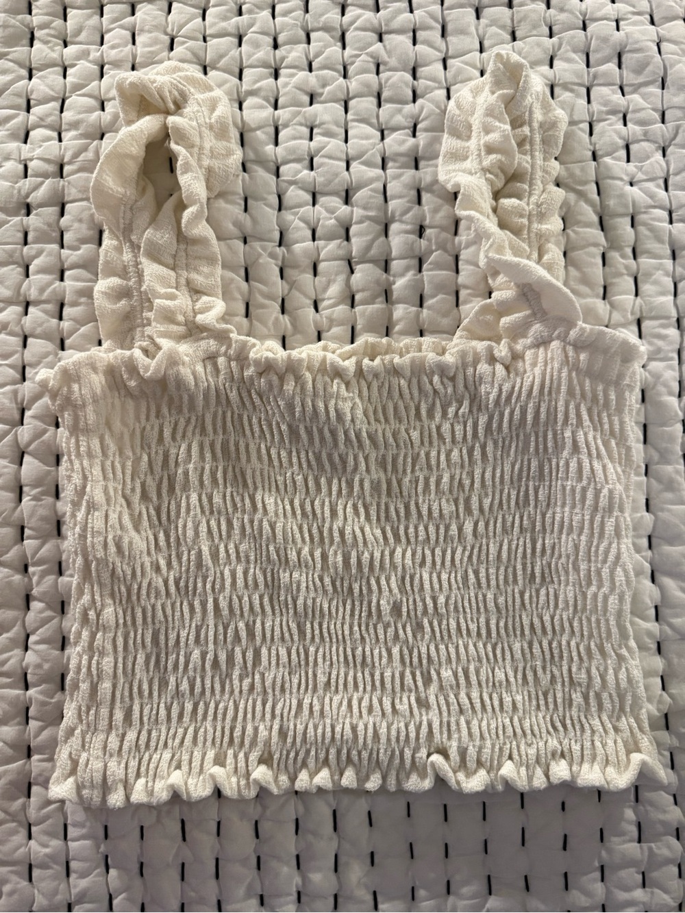 Sadie & Sage Cream Smocked Ruffle Strap Crop Top